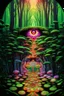 Placeholder: Illustration, Psychedelic art, human eye in a forest full of colourful mushrooms, vivid colours, intricate details, maze, gears, in the style of H.R.Giger, DMT, ultra detailed, photorealistic, top light, 35mm lens, fish-eye