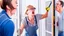 Placeholder: lady angry with male contractor installing the screen door