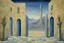 Placeholder: an open Arab gate in a blue-tiled wall with a view of an old city by artist "Rene Magritte",by artist "Leonora Carrington"