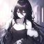 Placeholder: Clear focus, High resolution, rough line sketch art, long black hair, hair between eyes, fluffy hair, purple eyes, wearing a off shoulder shirt, no spaghetti strapes, dark aura, 1girl, wearing a skirt