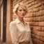 Placeholder: elegant fashionable woman with short blond hair, wrinkles and pores are clearly visible on her face, waist-length portrait, against the background of an old brick wall, during the day, fashion photography, HDR, high detail, hyperrealism, atmospheric, 4k, Polaroid film