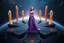 Placeholder: A breathtaking cosmic fantasy scene featuring a stunningly realistic beautiful woman with a perfect face and sculpted figure standing gracefully at the center of a floating geometric platform in deep space. She wears an elegant flowing gown in vibrant purple and pink hues that billow around her perfect form. The platform is constructed from dark cobblestone-like blocks arranged in a cross or star shape. Surrounding her are magnificent crystalline towers and pillars in gold, amber, and electric b