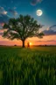 Placeholder: The Green Grass field of gold sting song under a beautiful moon and cloudy sky in the beautiful sunset .A big Tree with green leaves standing in the middle , a couple hugging each other in romantic theme under the tree