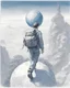 Placeholder: Drawing of a traveler man with backpack , walking on top of a big globe, drawing with a blue ink pen Inspired by the works of Daniel F. Gerhartz, with a fine art aesthetic and a highly detailed, realistic style