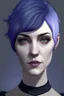 Placeholder: Realistic woman with pale skin, big grey eyes, blue and purple short hair, angular facial features, prominent collarbones, black clothing