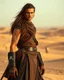 Placeholder: Dune Movie Character fullbody stand on the desert Young Man long hair Warrior futuristic clothing deep blue eyes in Dune Movie Character