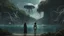 Placeholder: Detailed matte painting of a wide-angle shot of a woman, standing on the right side of an alien beach, with dark hair in a silver robotic catsuit, many large floating jellyfish with octopus tentacles, alien jungle trees in the distance