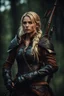 Placeholder: blonde female hunter with a bow wearing leather half armour dark fantasy Realistic 4k