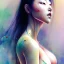 Placeholder:  Asian woman, leaning pose, realistic body, latex suit, watercolor illustration by <agnes cecile>