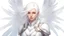 Placeholder: Generate a dungeons and dragons character portrait of the face of a female cleric of peace aasimar that looks like an angel with snowcolored hair. She has glowing eyes and is surrounded by holy light and has Angel wings. She is an halfling and looks young and beautiful. She seems Kind but there is an dark urge inside of her. She is depressed and is a bit crazy