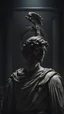 Placeholder: Dark aesthetic, Roman statue has a dim round designer halo behind his head, he carries a gun in his hand, dark room