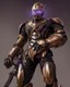 Placeholder: A brave iranian warrior with leather and metal combat clothes robotic metal with Chafee robo fighter, thanos