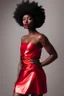 Placeholder: Portrait of a black woman wearing stylish red and silver dress.