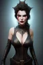 Placeholder: Amy Dumas as evil queen in black leather, leather, busty, cleavage, angry, rage, stern look. character design by cory loftis, fenghua zhong, ryohei hase, ismail inceoglu and ruan jia. unreal engine 5, artistic lighting, highly detailed, photorealistic, fantasy