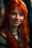 Placeholder: Human, 19yo girl, redhair, medieval, fantasy, jestet suit, sad eyes, crazy smile