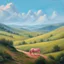 Placeholder: a pink horse in hills like a 19th painting