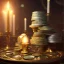 Placeholder: dynamic lighting, Intricately detailed, Splash screen art, deep color, Unreal Engine, volumetric lighting, silver coins, gold coins, silver treasure, stacked coins, indoors, candle, altar,