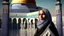 Placeholder: A woman wearing a keffiyeh holds the Dome of the Rock