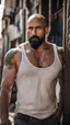 Placeholder: half figure photography of a shy dirty arab burly muscular beefy strong man 38 years old with raided beard, shaved hair, tattoo, ajar mouth, photorealistic ,dressed with a white tank top, side light, outdoor in a dirty street full of garbage