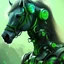 Placeholder: A beautiful portrait of a cyborg horse green color scheme, high key lighting, volumetric light high details psychedelic background