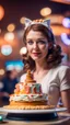 Placeholder: portrait of cute woman muzzled like a cat, baker of the highest advanced art cake sculpture during a casino game show, bokeh like f/0.8, tilt-shift lens 8k, high detail, smooth render, down-light, unreal engine, prize winning