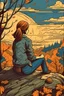 Placeholder: i wanna a ilustration with a woman psycologist sad sitting on your back sitting on her back looking towards the horizon with a souvenir photo in her hand , cause someone die and she is at fall autamm envieroment wiht a tone sad