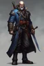 Placeholder: warhammer 40k rogue trader male rugged features bald with grey colored beard blue eyes and commissars clothes sword full body grim artstyle