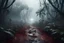 Placeholder: realistic scene surrealis horror, dead head on the path, jungle background, bold mist, fog, cinematic, dramatic lighting