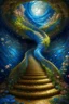 Placeholder: Staircase around a mighty tree spiral staircase of lapis lazuli to heaven, Baroque, epoxy sola, covered with flowers, Empire style, Gothic, botanical fantasy, deep drawing, full detail, bright colors, pearls, opal, bottom view, fabulously, incredibly beautiful, colored plaster, powder explosion, colored splashes, hyperrealistic, high resolution, professional photo, fashion magazine