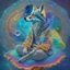 Placeholder: celestial psychedelic wolf made of fractals wearing a mexican jacket sitting on. giat mushroom in between stars