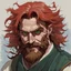 Placeholder: dnd, fantasy, watercolour, portrait, illustration, dull colours, male, dwarf, face, bearded, long brows, frugal, weathered face, green eyes, determined, happy, red hair, very long hair streaming down the shoulders, radiating light, five o'clock shadow, softer facial features, dignified