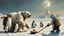 Placeholder: oil painting of Charlie Chaplin as two unstable constable keeper polar growlar bear on the planet of Ceres, with some penguins with hockey masks and backpacks smacking large pucks so we can see its trail, and playing hockey on frozen lake with astronauts, in front of ice megapolis