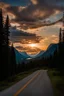 Placeholder: sunset in "Going to the sun road" In Glacier national park from a car seat point of view