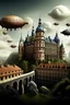 Placeholder: castle in the middle of the city with LITTLE zeppelins flying over