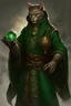 Placeholder: Male khajiit with grey fur and Hazel eyes wearing a emerald green robes in a fantasy setting, sorcerer of life