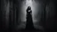 Placeholder: monochrome photo of very blur face pale woman blac dress saround her darkness and blur gray fog, back her one black demon shadow hug she, dark gray old wall, darkness around, sad, surreal dark vibe, dangerous, emotional, , dark shadow, dark fantasy, cinematic