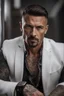 Placeholder: portrait of a 40 year old Handsome muscular male leader with lightly tanned skin and tattoos. Dark hair cut short and a goatee beard. wearing a white suit. photorealistic