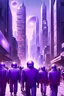 Placeholder: Futuristic city with giant apartment complexes, and citizens all walking down the sidewalks in unision wearing the same purple jumpsuits without helmets, all looking the same, happy to live in the totalitarian society. A giant white and purple eye watches over the people in the sky as a beaming light of holiness. The citzens walk side by side in a line of 2 on the sidewalks. They wear no helmets