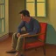 Placeholder: In a room, there is a man sitting on the comfortable chair. He looks so sad. Oil painting.