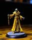 Placeholder: A photo of a tabletop role-playing miniature of a undead priest with yellow and black robes with minoan patterns. the priest is wearing a pallid mask. the miniature is full body. the picture is inspired by the works of john howe, alan lee and william morris.