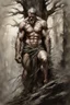 Placeholder: stone giant taller than trees, vivid emotions, watercolor, photorealism, dark fantasy, bad weather, gloomy day, dark world, sketch art, fine lines, grunge, sensual, darkness, by Raymond Swanland & Alyssa Monks & Anna Razumovskaya