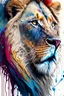 Placeholder: "lion", clean design, art station, splash of colorful paint, contour, ((solid white background)), gazing into camera, hyperdetailed intricately detailed, unreal engine, fantastical, cinema lighting, intricate detail, splash screen, complementary colors, fantasy concept art, 8k resolution, DeviantArt masterpiece, watercolor, paint dripping