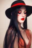 Placeholder: black, red, and white (a woman wearing a black fedora hat that covers her eyes. Red lip with a finger on her lips (shh)