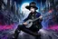 Placeholder: Mixed media picture, the background is black and white line art 3d cyber city In the middle a colorful photo of an attraktive goth asian man playing on the old guitare , wearing goth dark blue clothsirt, shiny black jeans, steampunk black hat and black boots, his hair is deep blue-black-silver colors, enhancing the contrast between her and the black and white cityscape space