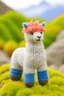 Placeholder: little wool toy alpaca back view light blue and mountains