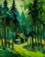 Placeholder: A blackish teal forest with a cozy cabin painted by Wassily Kandinsky