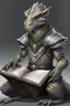 Placeholder: reptilian humanoid, kobold, grey diamond - shaped scales, big magic book