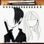 Placeholder: minimal continuous one-line portrait of a boy with black hair, and no face and a girl with long hair parted in the middle and no face, expressive and abstract, pen on textured paper