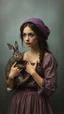 Placeholder: Hieronymus Bosch and Van Gogh styles , a woman holding her purple rabbit looking at you In foggy smoky background