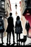 Placeholder: Design a detective book cover for teenagers. Three teenage detectives and black cat in the centre, one boy on her left, the girl in the centre and one on her right are on the town street. Banksy style, modern comic book style, mysterious atmosphere,